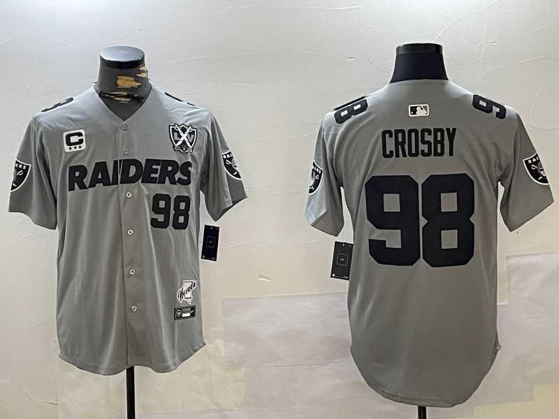 Mens Las Vegas Raiders #98 Maxx Crosby Grey Nevada Silver State And 65th Patch Stitched Baseball Jersey